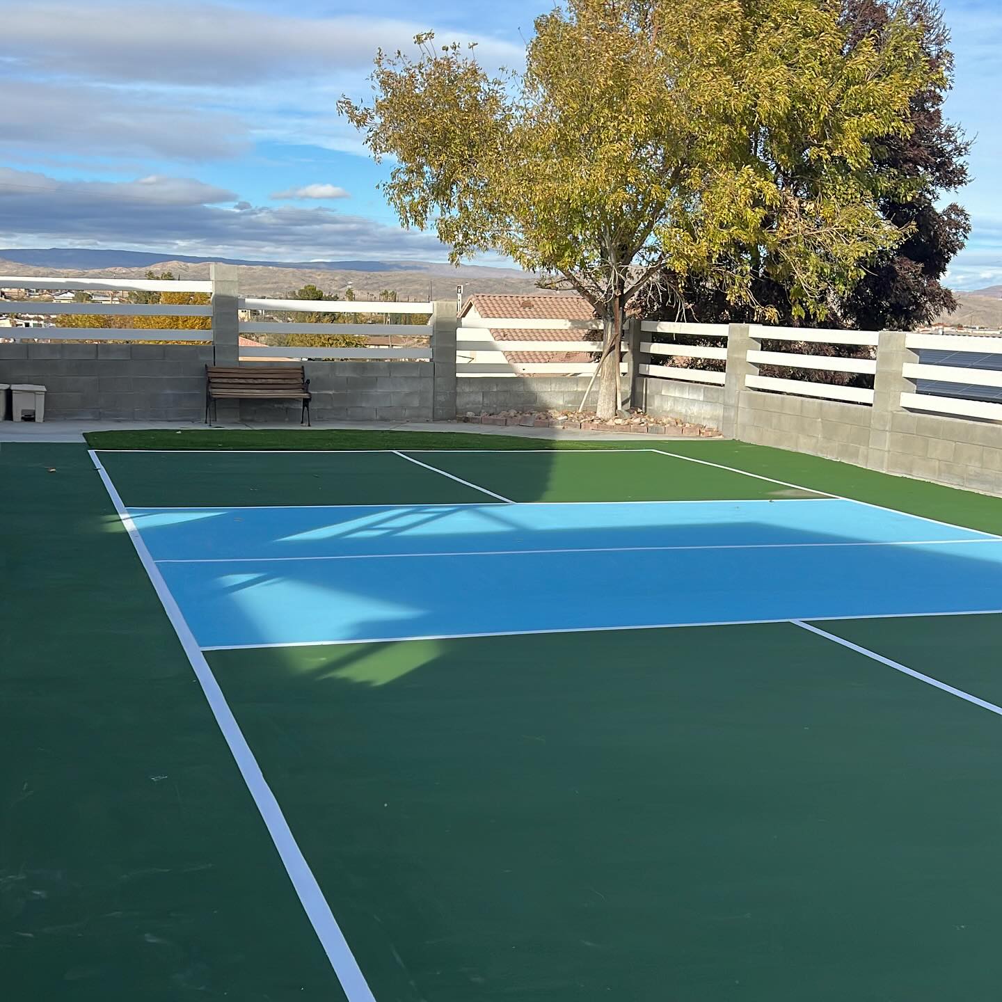 A newly installed backyard pickleball court with a green and blue surface, surrounded by a concrete block wall with a white fence, a wooden bench, and a large tree, under a blue sky.