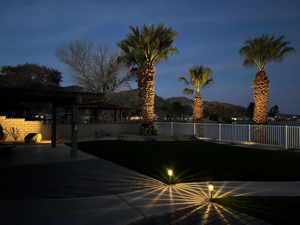 A nighttime view of a landscaped backyard featuring illuminated palm trees, artificial turf, pavers, and landscape lighting, with a lake and mountains in the background.